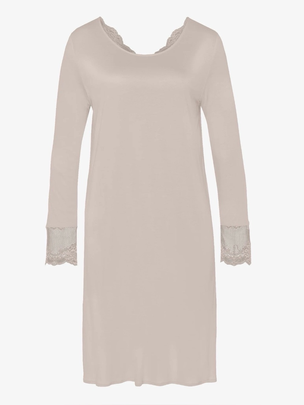 Hanro Pumice Cream Long-Sleeve Scoop Neck Nightdress w/ Lace back & Cuffs Size M